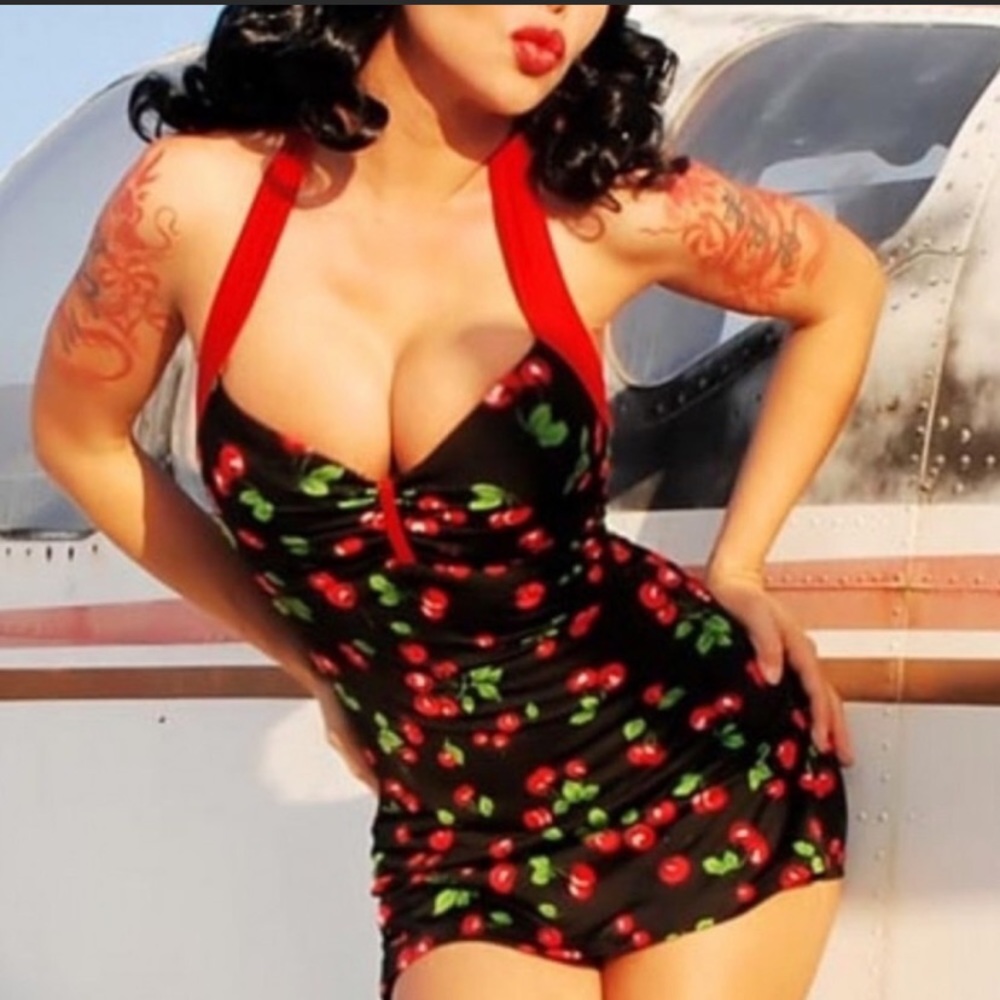 Pinup Couture Pin Up Girl Clothing PUG Cherry Print Retro Style Swimsuit